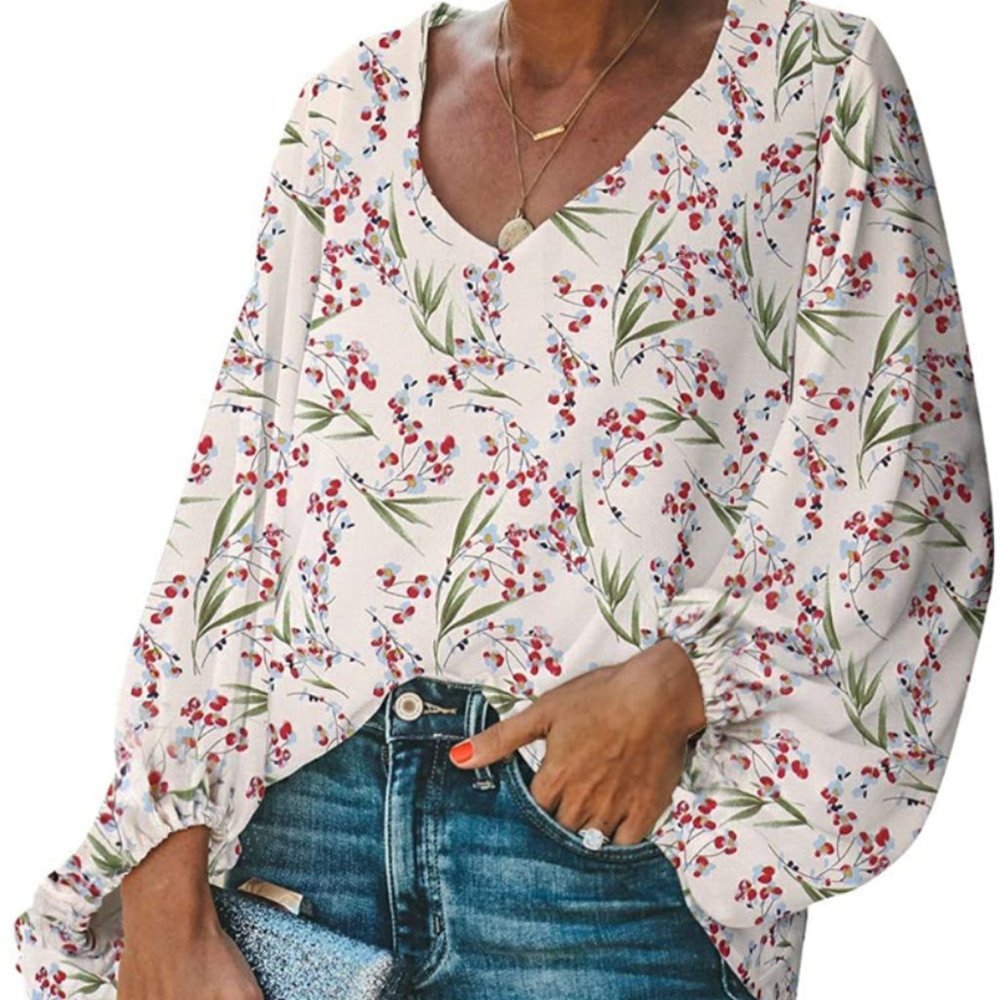 Loose Balloon Sleeve V-Neck Top - Sizes L & XL